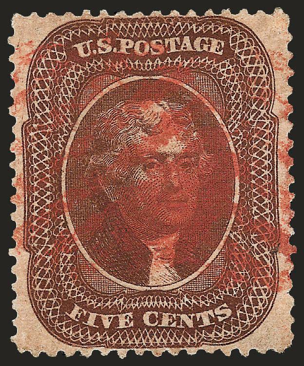 5c Brown, Ty. II (30A).> Exceptionally well centered with wide side margins, rich color, bold <red grid> cancels, Extremely Fine, with 2008 P.S.E. certificate (XF 90 SMQ $890.00)
