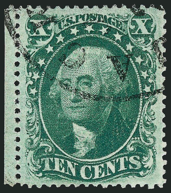 10c Green, Ty. III (33).> Gorgeous color, with part of selvage at left, neat strike of circular datestamp, beautiful centering with wide margins for this difficult issue<><>^EXTREMELY FINE GEM. A SUPERB USED
EXAMPLE OF THE 1857 10-CENT TYPE III, WH