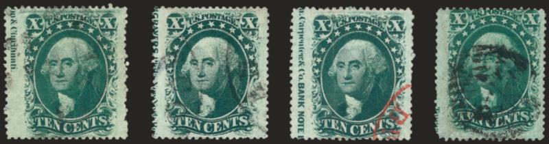 1c Blue, Ty. V, 10c Green, Ty. V (24, 35).> Four of each with <captured imprints,> assembled to show full imprint, 1c from right pane, 10c from left, minor faults but a very scarce group