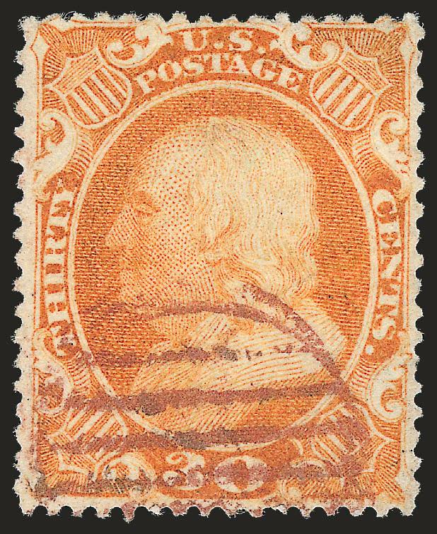 30c Orange (38).> Essentially flawless centering, deep rich color complemented by an attractively struck <red grid> cancel, Extremely Fine, with 2003 P.S.E. and 2008 P.F. certificates, the former specifically
stating that the cancel is magenta, which