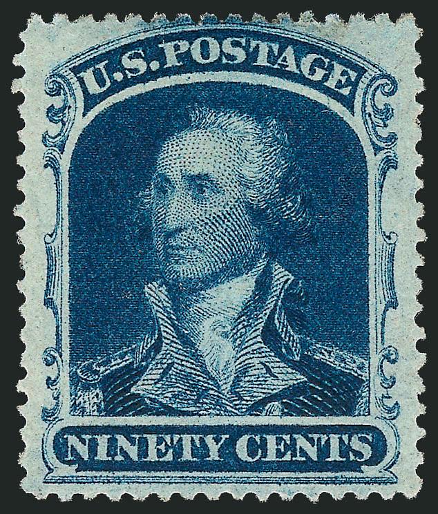 90c Blue (39).> Original gum, exceptionally well-centered, fresh, deep rich color<><>^EXTREMELY FINE. A BEAUTIFULLY CENTERED AND FRESH ORIGINAL-GUM EXAMPLE OF THE 90-CENT 1860 ISSUE.^<><>With 2002 P.F.
certificate