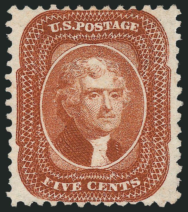 5c Orange Brown, Reprint (42).> Without gum as issued, fabulous bright color and amazing centering<><>^EXTREMELY FINE. THE 5-CENT 1857 REPRINT IS EXTRAORDINARILY RARE IN THIS QUALITY. THIS IS THE HIGHEST-GRADED
EXAMPLE IN THE P.S.E. POPULATION REPO