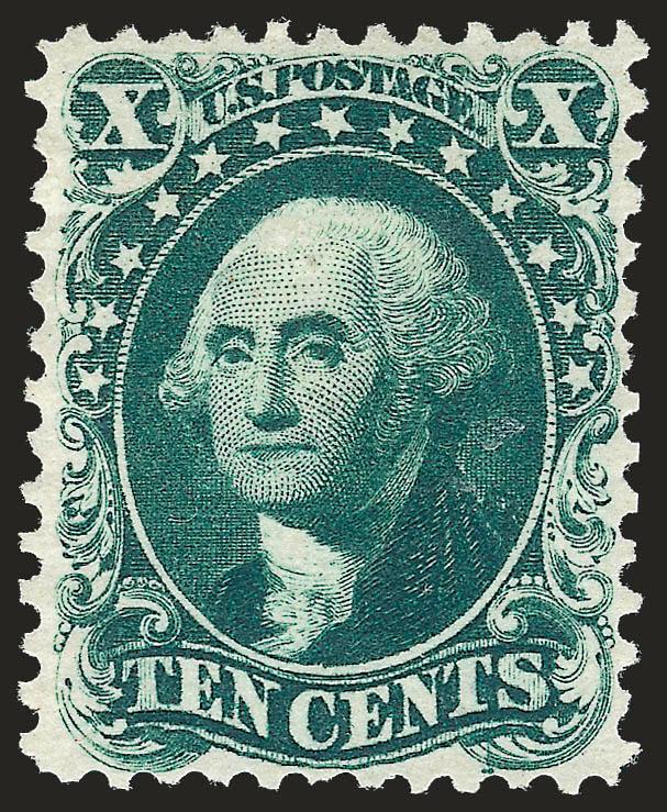 10c Blue Green, Reprint (43).> Without gum as issued, deep rich color and proof-like impression on bright paper, precise centering with balanced margins<><>^EXTREMELY FINE. THE 10-CENT IS ONE OF THE MOST
CHALLENGING OF THE 1857-60 REPRINTS TO OBTAI