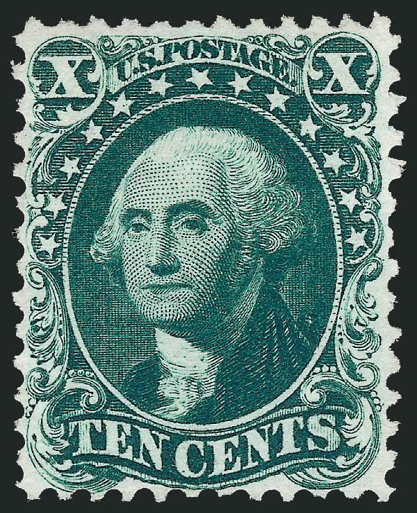10c Blue Green, Reprint (43).> Without gum as issued, exceptionally well-centered with tight margins as often seen, magnificent deep rich color<><>^VERY FINE EXAMPLE OF THE 10-CENT 1857 ISSUE REPRINT.^<><>Only
516 sold. With 1981 P.F. and 2008 P.