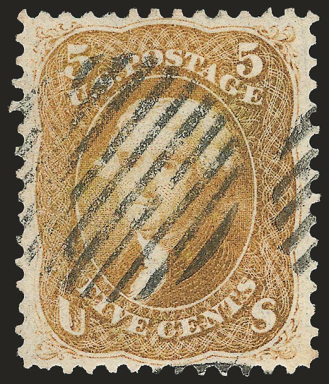 5c Buff (67).> Rich color and detailed impression, choice centering with balanced margins, neat grid cancel<><>^EXTREMELY FINE. A SUPERB USED EXAMPLE OF THE 5-CENT BUFF 1861 ISSUE.^<><>Due to narrow spacing on
the 5c plate, it is very difficult t