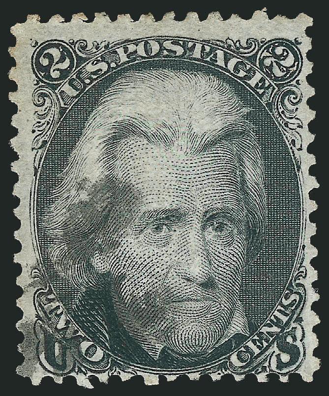 2c Black, D. Grill (84).> Clear impression with essentially face-free cork cancel off to the left<><>^FINE. A DESIRABLE SOUND USED EXAMPLE OF THE 1868 2-CENT BLACK D GRILL.^<><>The Scott Catalogue states that
the value for No. 84 is for a stamp i