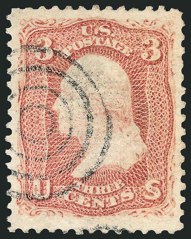 3c Rose, D. Grill (85).> Radiant color, clearly-defined grill, neat strike of target cancel, unusually choice centering with Jumbo margins<><>^EXTREMELY FINE GEM. THIS MAGNIFICENT USED EXAMPLE OF THE 1867
3-CENT D GRILL HAS BEEN GRADED XF-SUPERB 95