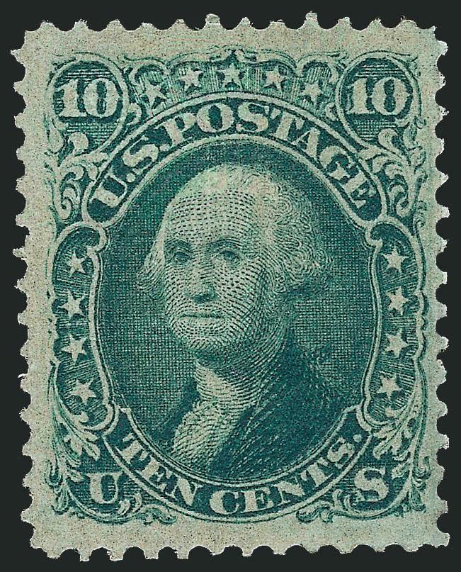 10c Yellow Green, F. Grill (96).> Original gum, clearly-defined grill, three wide margins<><>^VERY FINE ORIGINAL-GUM EXAMPLE OF THE 1868 10-CENT F GRILL.^<><>With 1999 and 2004 P.F. certificates
