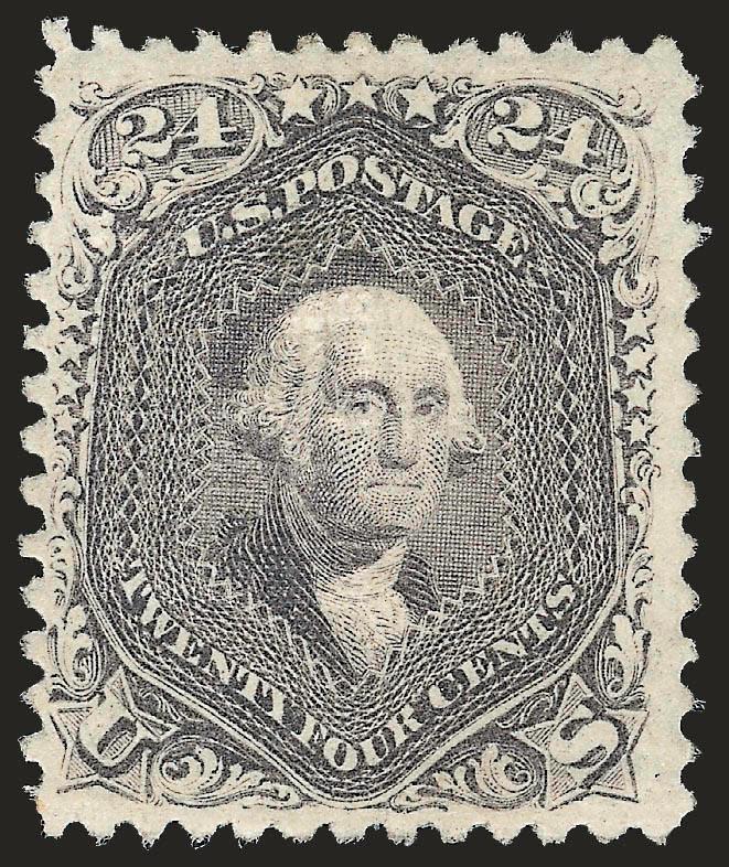 24c Gray Lilac, F. Grill (99).> Original gum, attractive margins and beautiful color<><>^VERY FINE AND CHOICE BY ANY STANDARDS AND EXTREMELY FINE FOR THIS RARE ORIGINAL-GUM EXAMPLE OF THE 1868 24-CENT F
GRILL.^<><>The higher-denomination F Grills