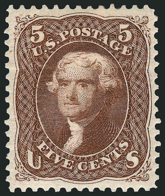 5c Brown, Re-Issue (105).> Original gum, lightly hinged, pretty shade, unusually choice centering with well-proportioned margins<><>^EXTREMELY FINE GEM. A SUPERB ORIGINAL-GUM EXAMPLE OF THE 5-CENT 1861
RE-ISSUE.^<><>With 2004 P.F. and 2005 P.S.E.