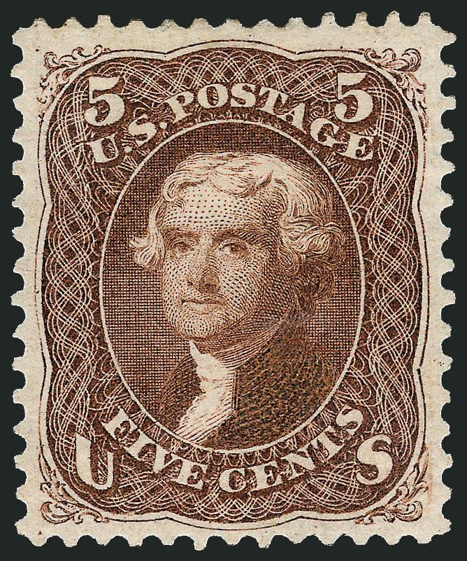 5c Brown, Re-Issue (105).> Original gum, lightly hinged, warm shade on crisp paper, unusually wide and balanced margins<><>^EXTREMELY FINE GEM. EASILY ONE OF THE WIDEST-MARGINED EXAMPLES OF THE 5-CENT 1861
RE-ISSUE WE HAVE EVER ENCOUNTERED. A STUNN