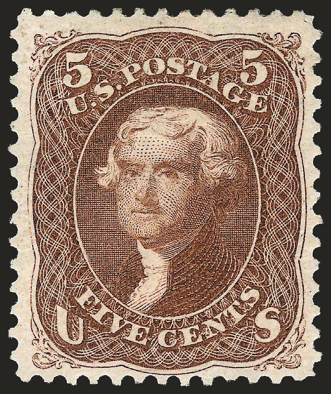 5c Brown, Re-Issue (105).> Original gum, lightly hinged, choice margins and attractively centered, lovely bright color<><>^VERY FINE. A VERY ATTRACTIVE ORIGINAL-GUM EXAMPLE OF THE 5-CENT 1861 RE-ISSUE.^<><>With
1988 and 2008 P.F. certificates