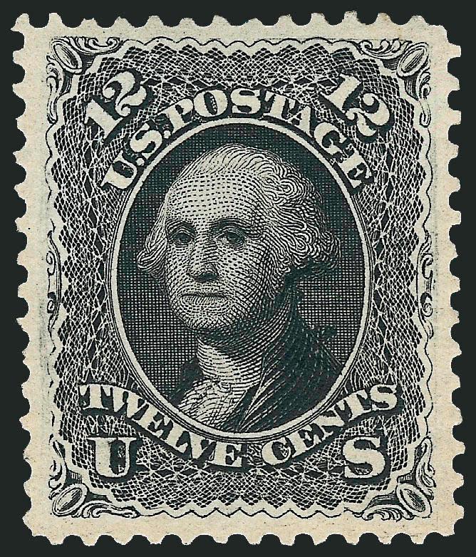 12c Black, Re-Issue (107).> Original gum, lightly hinged, intense shade and proof-like impression on bright paper, beautiful centering with unusually wide margins<><>^EXTREMELY FINE GEM. A BEAUTIFUL
ORIGINAL-GUM EXAMPLE OF THE 12-CENT 1861 RE-ISSUE