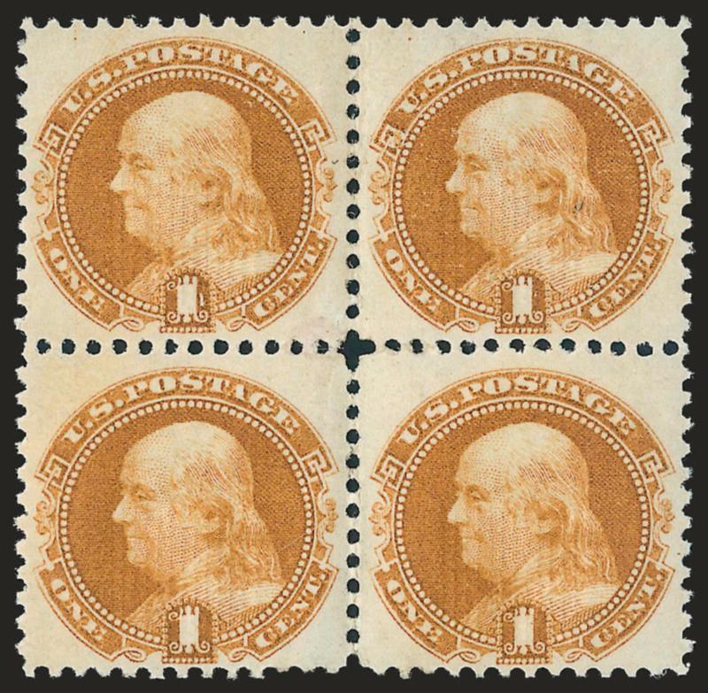 1c Buff (112).> Original gum, lightly hinged, brilliant color, well-balanced margins throughout<><>^VERY FINE-EXTREMELY FINE ORIGINAL-GUM BLOCK OF FOUR OF THE ONE-CENT 1869 PICTORIAL ISSUE.^<><>With 1999 P.F.
certificate