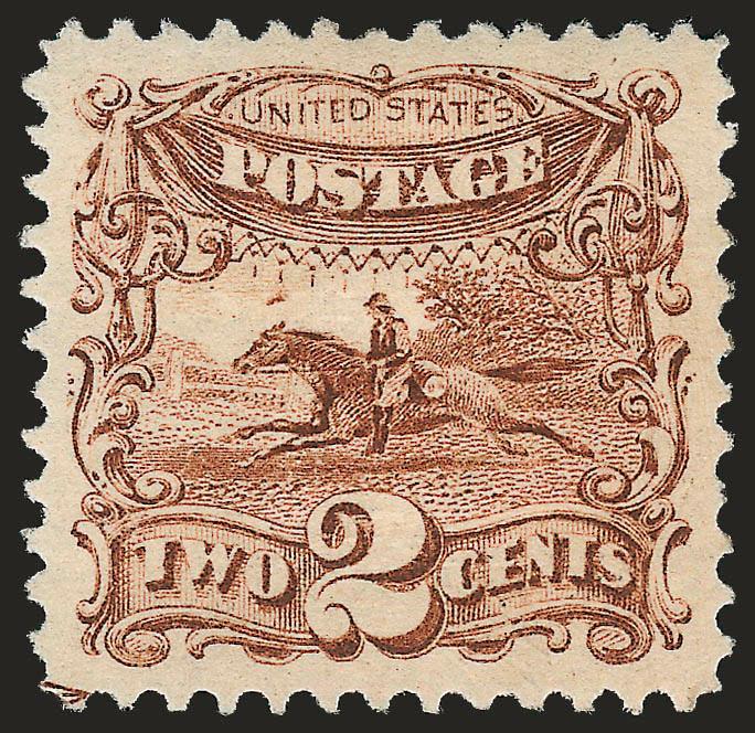 2c Brown (113).> Original gum, brilliant color, crisp impression, gorgeous centering with unusually wide and balanced margins, shows guide arrow at bottom left<><>^EXTREMELY FINE GEM. A MAGNIFICENT ORIGINAL-GUM
EXAMPLE OF THE 2-CENT 1869 PICTORIAL