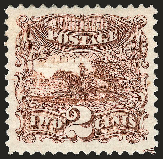 2c Brown (113).> Original gum, beautiful Jumbo margins and fabulous centering to match, sharp fresh color on bright paper, shows guide arrow at bottom left (this would have been the top right stamp in a right
arrow margin block of four)<><>^EXTREME