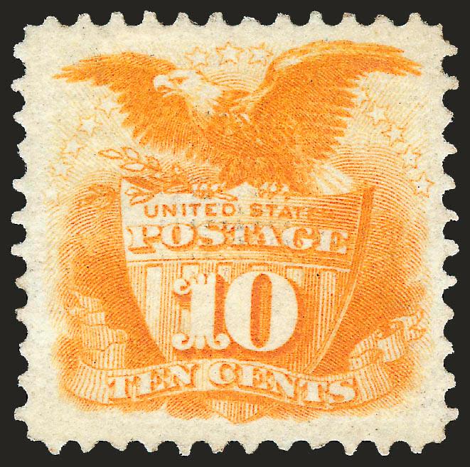 10c Yellow (116).> Original gum, uncommonly wide margins, vivid color and handsomely centered<><>^EXTREMELY FINE. A PARTICULARLY CHOICE ORIGINAL GUM 10-CENT 1869 PICTORIAL GRADED XF 90 BY P.S.E..^<><>With 2003
P.F. and 2008 P.S.E. certificates (O
