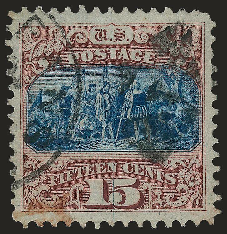 15c Brown & Blue, Ty. I (118).> Incredibly wide Jumbo margins with exceptionally handsome centering, bright colors on fresh paper, cork duplex circular datestamp and a trace of red transit at bottom
left<><>^EXTREMELY FINE. A BEAUTIFUL JUMBO-MARGIN