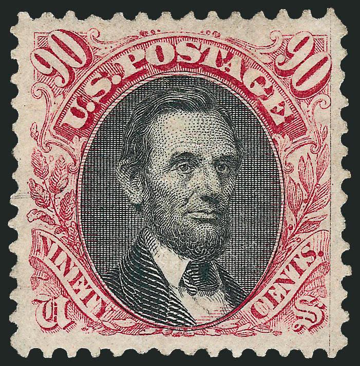 90c Carmine & Black (122).> Original gum, deep rich colors and proof-like impressions, unusually choice centering with wide and balanced margins<><>^EXTREMELY FINE GEM. A SUPERB ORIGINAL-GUM EXAMPLE OF THE
90-CENT 1869 PICTORIAL ISSUE, WHICH HAS BE