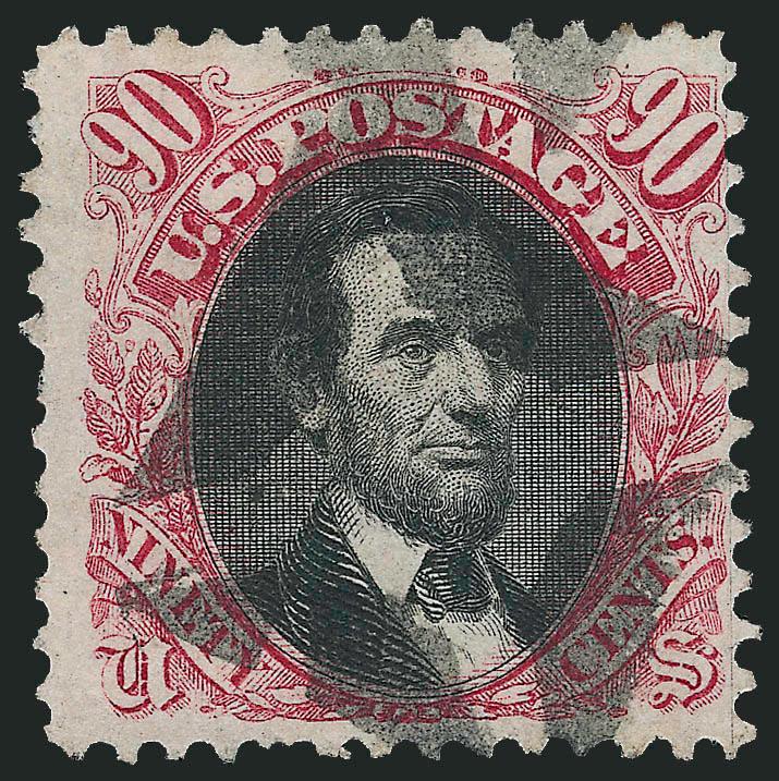 90c Carmine & Black (122).> Strong colors, bold <Maltese Cross> cancellation, couple tiny thin specks and couple trivial nibbed perfs, otherwise Fine, fancy cancels are scarce on this Pictorial Issue high
value