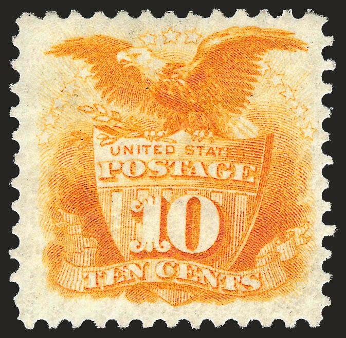 10c Yellow, Re-Issue (127).> Original gum, attractively centered, fresh bright color<><>VERY FINE AND CHOICE ORIGINAL-GUM EXAMPLE OF THE 10-CENT 1869 PICTORIAL RE-ISSUE.^<><>With 2008 P.F. certificate (VF-XF 85
SMQ $3,100.00)