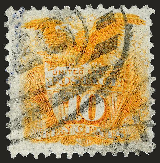 10c Yellow, Re-Issue (127).> Attractively centered, oval registry cancel<><>^VERY FINE AND CHOICE. THE 10-CENT 1869 RE-ISSUE IS SCARCE IN USED CONDITION WITH ABOUT 30 KNOWN.^<><>With 1995 and 2008 P.F.
certificates (VF-XF 85 SMQ $3,400.00)