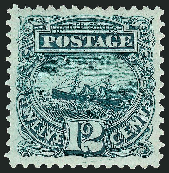 12c Green, Re-Issue (128).> Original gum, lightly hinged, intense shade and proof-like impression, unusually choice centering with wide and balanced margins<><>^EXTREMELY FINE GEM. A SUPERB ORIGINAL-GUM EXAMPLE
OF THE 12-CENT 1869 PICTORIAL RE-ISSU