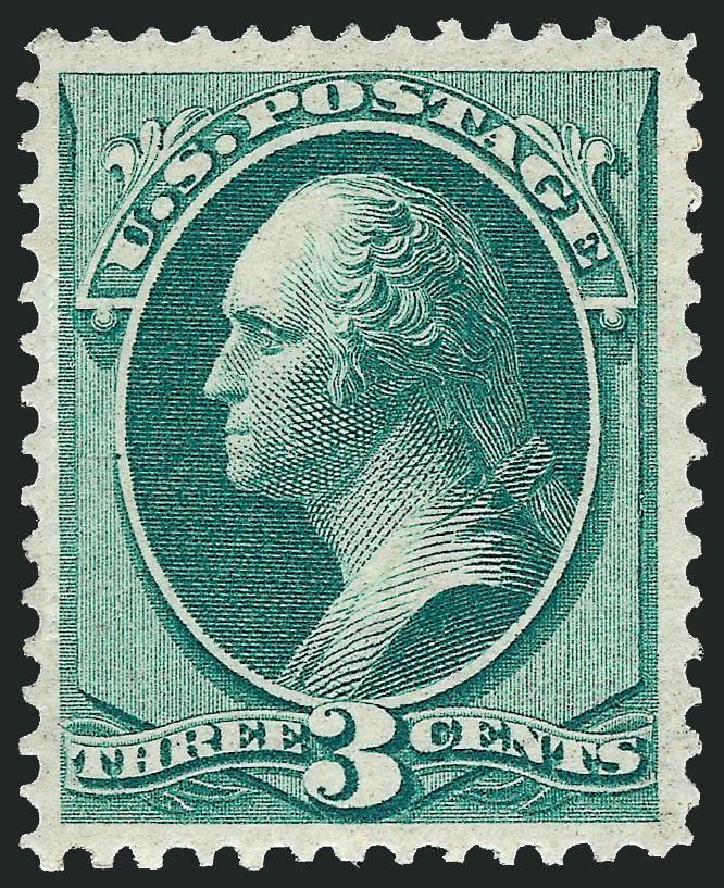 3c Green, Grill (136).> H. Grill, clear grill points at left, original gum, lightly hinged, pretty shade, wide margins<><>^EXTREMELY FINE ORIGINAL-GUM EXAMPLE OF THE 1870 3-CENT NATIONAL BANK NOTE COMPANY
GRILLED ISSUE^<><>With 1989 and 2006 P.F.