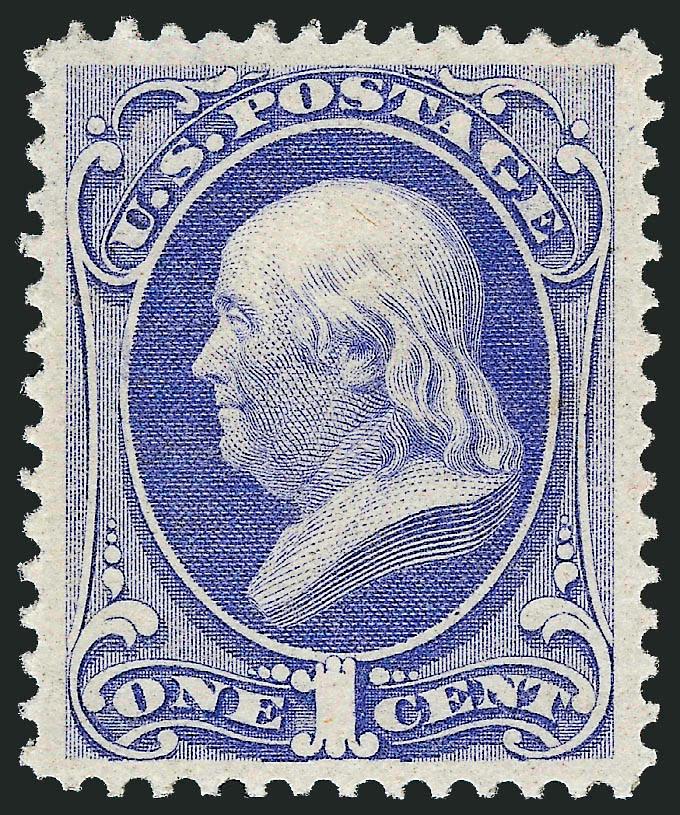 1c Ultramarine (145).> Original gum, lightly hinged, brilliant color on bright paper, almost perfectly centered with wide margins<><>^EXTREMELY FINE GEM. A SUPERB ORIGINAL-GUM EXAMPLE OF THE 1870 ONE-CENT
NATIONAL BANK NOTE COMPANY UNGRILLED ISSUE.