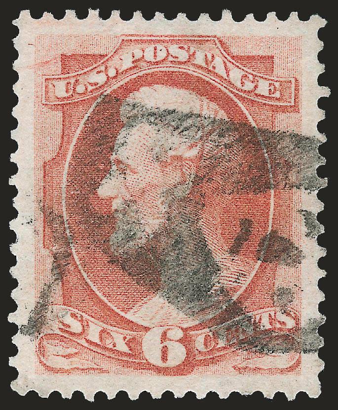 6c Dull Pink (159).> Exceptionally wide margins and flawless centering, <Pittsburgh Pa. Man in Coffin cancel,> Very Fine strike, a rare and desirable fancy cancel on an exceptional stamp, exceedingly difficult
to find this way