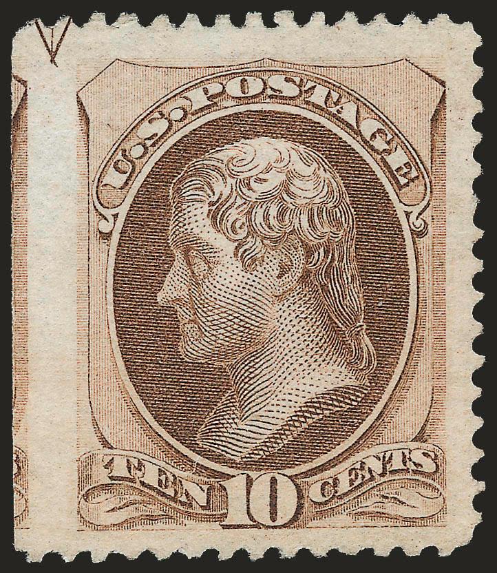 10c Brown (161).> Unused (no gum), enormous margins and centered incl. extra wide left straddle-pane margin showing guide arrow and part of adjoining stamp from left pane, Extremely Fine, eye-catching stamp and
difficult to find this beautiful, with