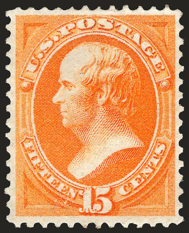 15c Yellow Orange (163).> Original gum, lightly hinged, radiant color, well-balanced margins<><>^EXTREMELY FINE ORIGINAL-GUM EXAMPLE OF THE 1873 15-CENT CONTINENTAL BANK NOTE COMPANY ISSUE WITH ORIGINAL
GUM.^<><>Ex Scarsdale. With 1992, 2000 and