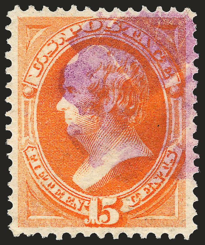 15c Yellow Orange (163)> Nearly perfect centering, rich color and cancelled by an attractive <purple cork,> Extremely Fine, with 2008 P.S.E. certificate (XF 90 SMQ $430.00)