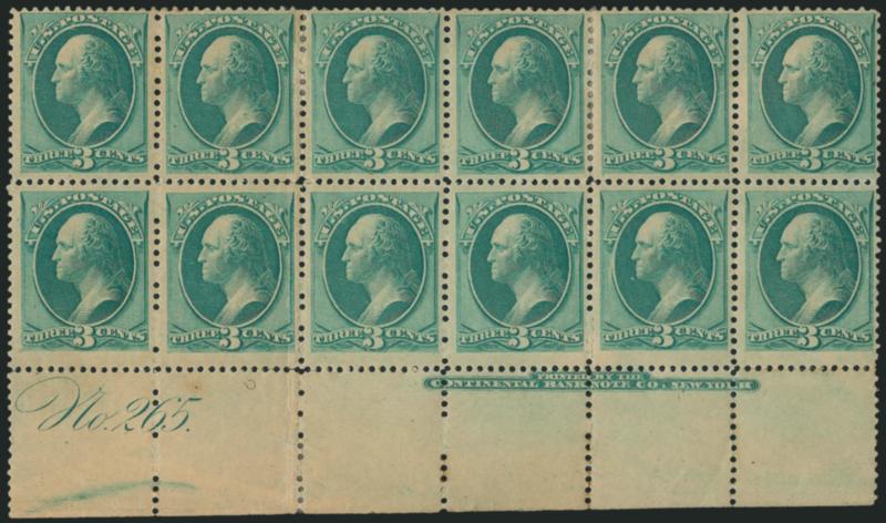 3c Green (184).> Bottom imprint and plate no. 265 block of twelve, original gum, three or four may be Mint N.H., pos. 2 and 8 creased (hinge reinforcement there as well) and hinge reinforced between pos. 4 and
5, otherwise Fine-Very Fine, of note is