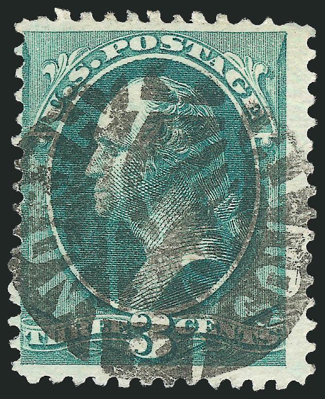 3c Green (184).> Bold <Worcester Mass. Negative North-South Shaking Hands fancy cancel,> fabulous Extremely Fine strike and as complete as one can expect to find on a single stamp