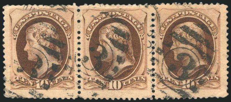 10c Brown, With & Without Secret Mark (187-188).> Horizontal strip of three, cancelled, center stamp with Secret Mark, end ones without, wonderful huge margins, faults, Extremely Fine appearance