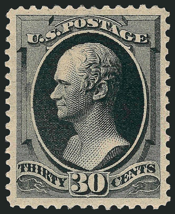 30c Full Black (190).> Original gum, lightly hinged, intense shade, remarkably detailed impression, gorgeous centering with wide and balanced margins<><>^EXTREMELY FINE GEM. A BEAUTIFUL ORIGINAL-GUM EXAMPLE OF
THE 1879 30-CENT AMERICAN BANK NOTE CO