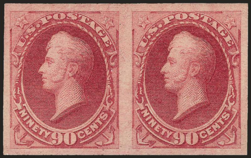 90c Carmine, Imperforate (191b).> Horizontal pair, original gum, huge even margins, rich color<><>^EXTREMELY FINE. A BEAUTIFUL PAIR OF THE IMPERFORATE 90-CENT 1879 AMERICAN BANK NOTE ISSUE.^<><>With copy of
1997 P.F. certificate for block, this b