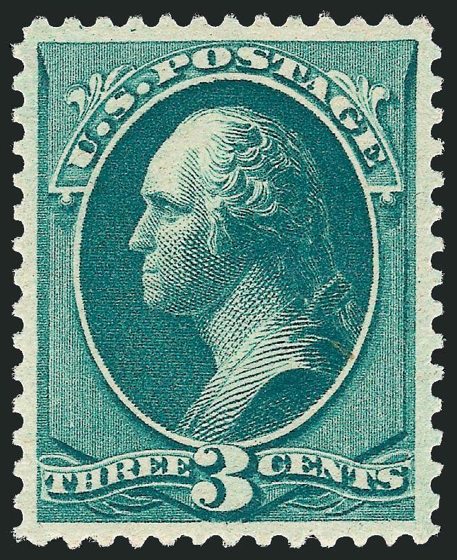 3c Blue Green (207).> Mint N.H., deep rich color and proof-like impression, almost perfectly centered with wide margins<><>^EXTREMELY FINE GEM. THIS BEAUTIFUL STAMP HAS BEEN GRADED XF-SUPERB 95 BY P.S.E., WHICH
IS THE HIGHEST GRADE AWARDED TO DATE.
