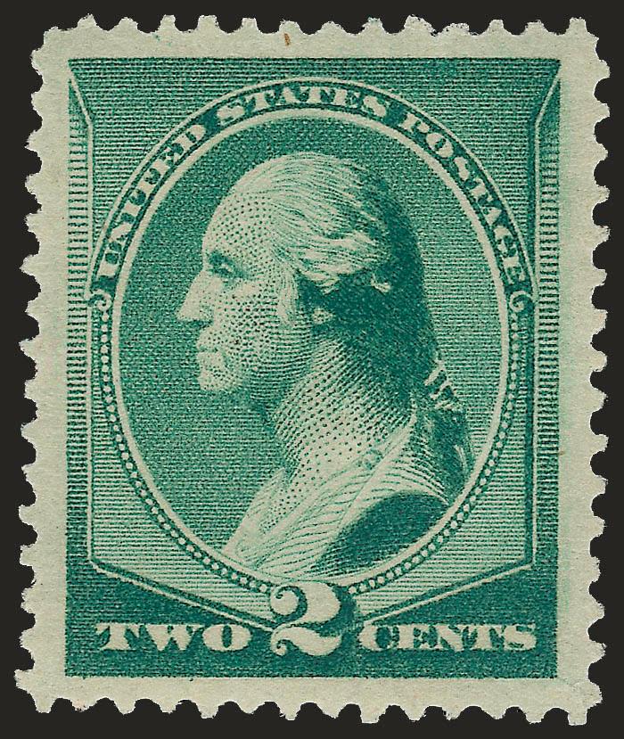 2c Green (213).> Mint N.H., deep rich color, choice centering with wide margins, natural inclusion in top margin, fresh and Extremely Fine, with 2006 P.S.E. certificate (XF 90 SMQ $460.00)