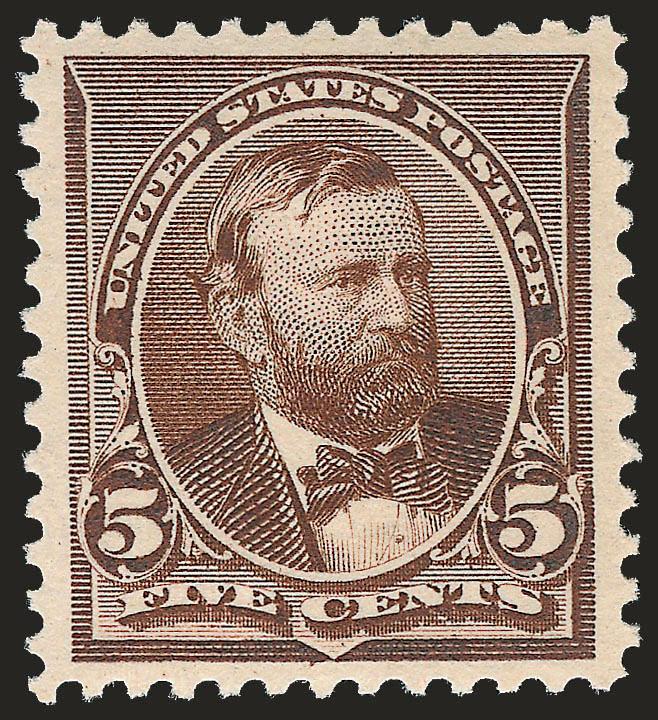 5c Chocolate (223).> Mint N.H., pretty shade on bright paper, wide and balanced margins<><>^EXTREMELY FINE. A SUPERB MINT NEVER-HINGED EXAMPLE OF THE 5-CENT 1890 ISSUE, SCOTT 223.^<><>With 2008 P.S.E.
certificate (XF-Superb 95 SMQ $3,300.00)