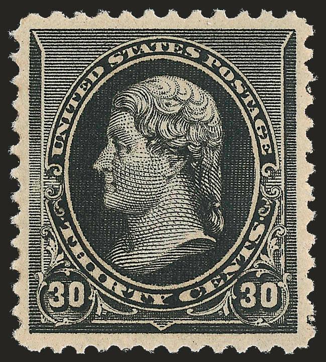 30c Black (228).> Mint N.H., intense shade and impression, wide margins, long and full perforations<><>^EXTREMELY FINE MINT NEVER-HINGED EXAMPLE OF THE 30-CENT 1890 BUREAU ISSUE.^ <><>This is probably the most
difficult value of this series to fi