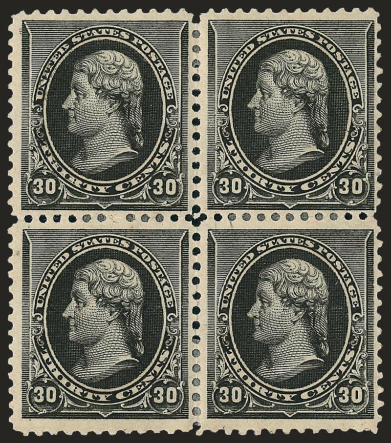 30c Black (228).> Block of four, original gum, h.r., top left stamp <strong double transfer> (Mr. Brett suggested that this may be a foreign relief but was not sure, he thought 90c closest), bottom pair crease,
otherwise Fine, double transfer lis