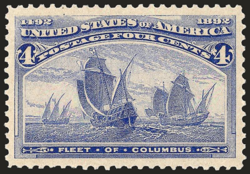 4c Columbian (233).> Mint N.H., brilliant color on bright paper, unusually choice centering with wide margins, fresh and Extremely Fine, a beautiful stamp, with 2002 P.F. and 2006 P.S.E. certificates (XF-Superb
95 SMQ $2,200.00)