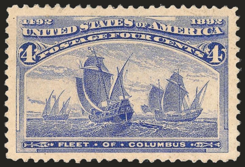 4c Columbian (233).> Original gum, lightly hinged, huge Jumbo margins and essentially perfectly centered, light pastel color, Extremely Fine, with 2008 P.S.E. certificate (OGph, XF-Superb 95 Jumbo SMQ $295.00
as 95, $600.00 as 98)