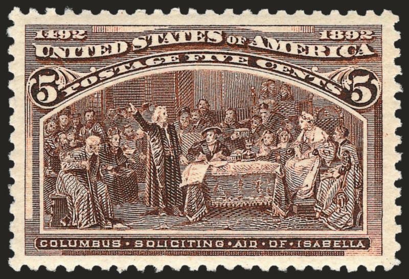5c Columbian (234).> Mint N.H., intense shade and proof-like impression on bright paper, balanced Jumbo margins<><>^EXTREMELY FINE GEM. A PHENOMENAL MINT NEVER-HINGED EXAMPLE OF THE 5-CENT COLUMBIAN ISSUE.^<><>
With 1995 P.F. and 2006 P.S.E. cert