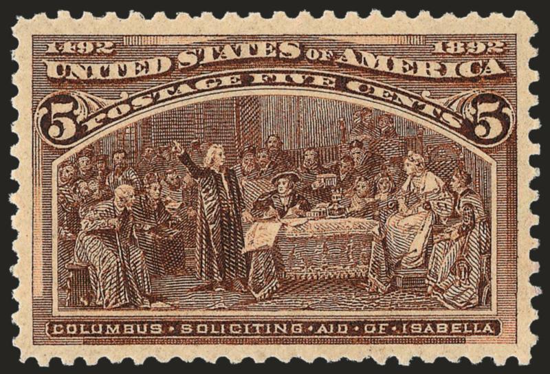 5c Columbian (234).> Mint N.H., deep rich color and proof-like impression, wide and balanced margins<><>^EXTREMELY FINE MINT NEVER-HINGED EXAMPLE OF THE 5-CENT COLUMBIAN ISSUE.^<><>With 2002 P.F. and 2007
P.S.E. certificates (XF-Superb 95 SMQ $2