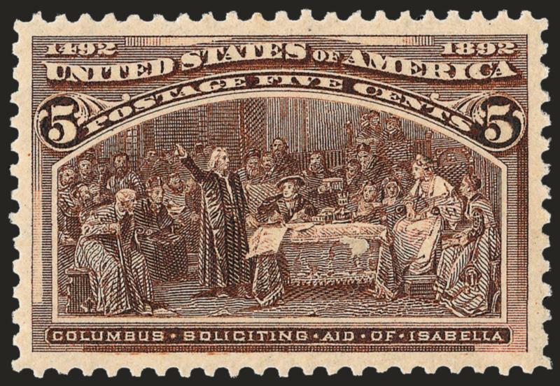 5c Columbian (234).> Mint N.H., intense shade and detailed impression showing every detail of the engraving, almost perfectly centered with wide and balanced margins<><>^EXTREMELY FINE GEM MINT NEVER-HINGED
EXAMPLE OF THE 5-CENT COLUMBIAN ISSUE^<>