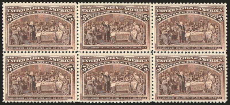 5c Columbian (234).> Mint N.H. horizontal block of six, crisp color and attractively centered, Fine-Very Fine