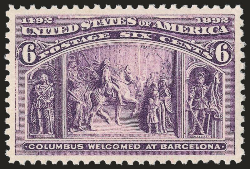 6c Columbian (235).> Mint N.H., radiant color as fresh as the day it was printed, remarkably detailed impression showing every nuance of the engraving, bright paper, long and full perforations all around,
perfectly centered<><>^EXTREMELY FINE GEM.